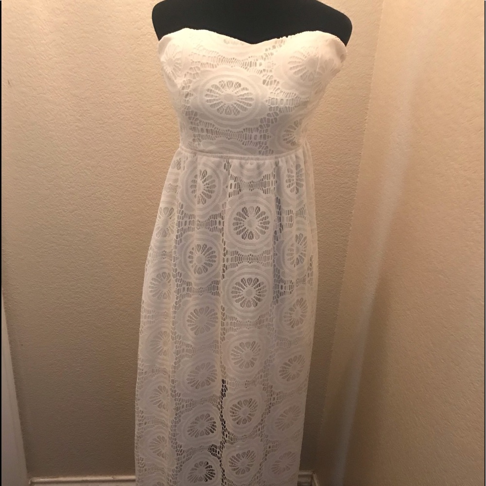 Beautiful ivory lace strapless maxi dress with slip for coverage